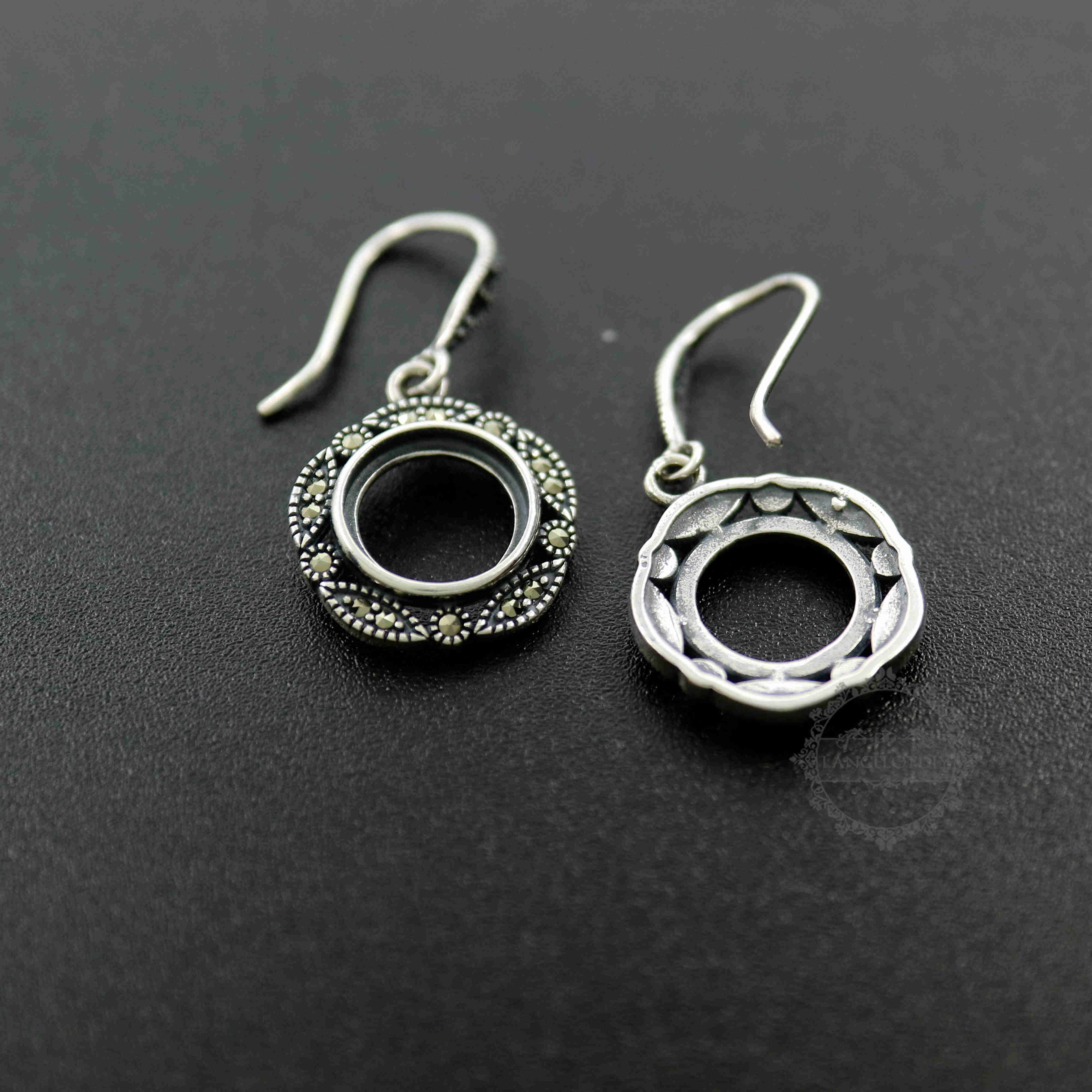10MM Round Setting Bezel Tray Antiqued Solid 925 Sterling Silver DIY Earrings Hooks Findings 1706010 - Click Image to Close
